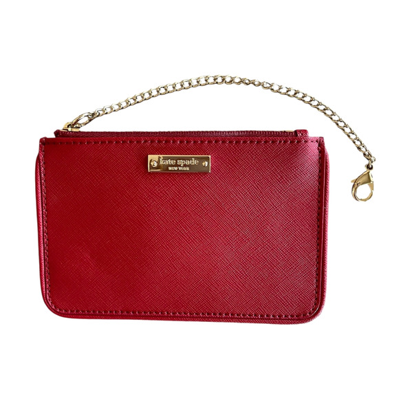 KATE SPADE NEW YORK Red 100% Leather Top Zip Gold Chain Mini ID Coin Purse NWOT - Picture 2 of 7